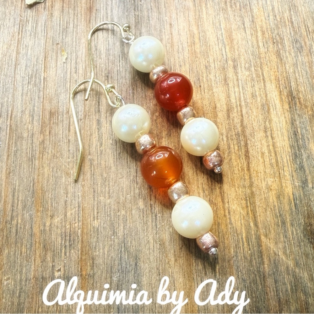 Carnelian and pearls beaded  bohemian earrings